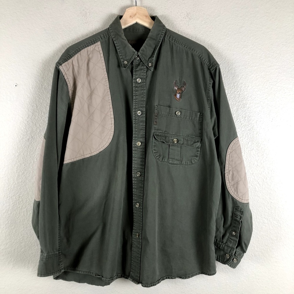 Magellan‎ Outdoors Hunting Shirt Men L Green Tan Quilted Deer Embroider Shooting